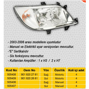 FAR SİNYAL SİS SAĞ SPRINTER 04/00-05/06 ELEKTRİKLİ H7 H3 H7 Marka : AYFAR