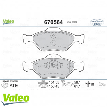 ÖN BALATA FIESTA 1.4TDCİ ABSLİ 00 FUSION 02 MAZDA 121 96 MAZDA 2 03 Marka : VALEO