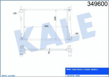 RADYATÖR FIESTA FUSION 1.4-1.6 BENZİNLİ 500x358x16 02-06 AL-PL-BRZ Marka : KALE
