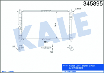 RADYATÖR DAEWOO LANOS 1.4-1.5-1.6 97 635x382x16 AC MEK AL/PL/BRZ Marka : KALE