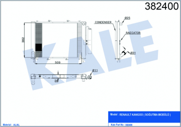 RADYATÖR KONDENSER KNG 1.9 DCİ 03 MEK AC AL/AL 595x377x40 Marka : KALE