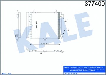 KLİMA KONDENSERİ P207 06 P208 12 P1007 05 C2-C3-C3 II-DS3 1.4-1.6 HDİ AL/AL 420x374x16 Marka : KALE