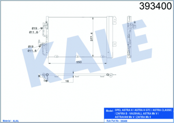 KLİMA KONDENSERİ ASTRA H-ZAFIRA B AL/AL 590x380x16 Marka : KALE