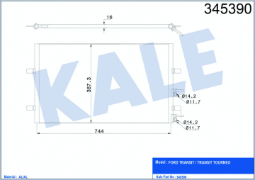KLİMA KONDENSERİ FORD TRANSİT 2.2 TDCİ-2.4 TDCİ 06 839x391x16 AL/AL Marka : KALE