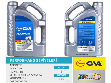 MOTOR YAĞI 5W30 3.2 LT PLATINUM PARTİKÜLLÜ-DPF TAM SENTETİK API SN/CF Marka : GVA