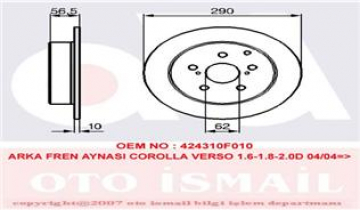 ARKA FREN AYNASI COROLLA VERSO 1.6-1.8-2.0D 04/04 290x10x5DL Marka : TRW