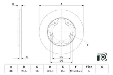 ARKA FREN DISKI TRANSIT V363 14 TEK TEKER A.CEKER DUZ 308MM 5 BIJON Marka : BOSCH