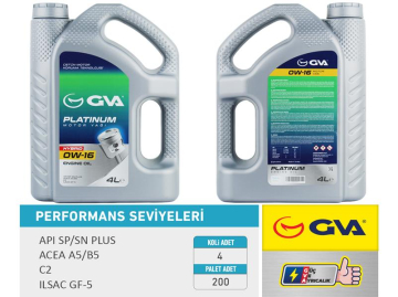 MOTOR YAĞI 4 LT 0W16 TAM SENTETİK API SP / SN-PLUS ILSAC GF-6B Marka : GVA