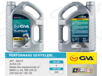 MOTOR YAĞI 4 LT 0W20 TAM SENTETİK API SN Marka : GVA
